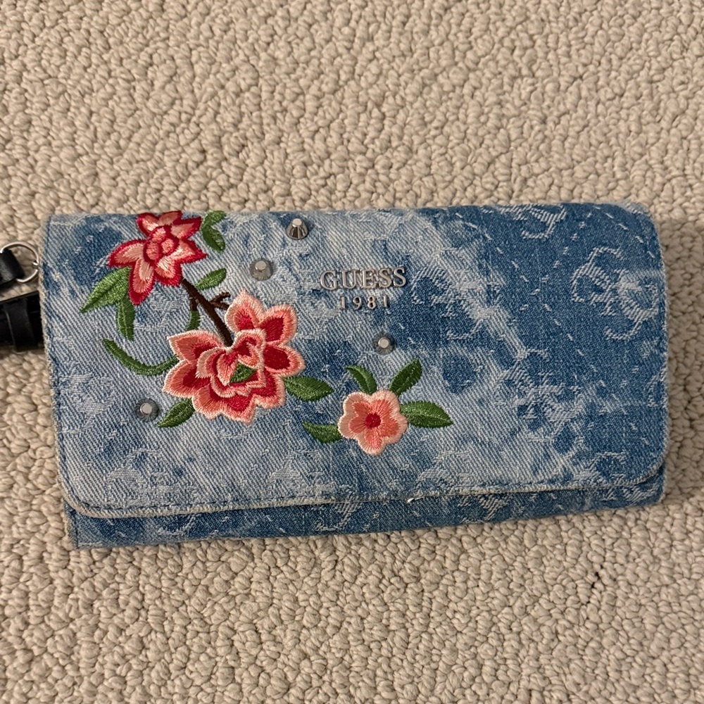 GUESS Denim Wallet with Red Floral Embroidery